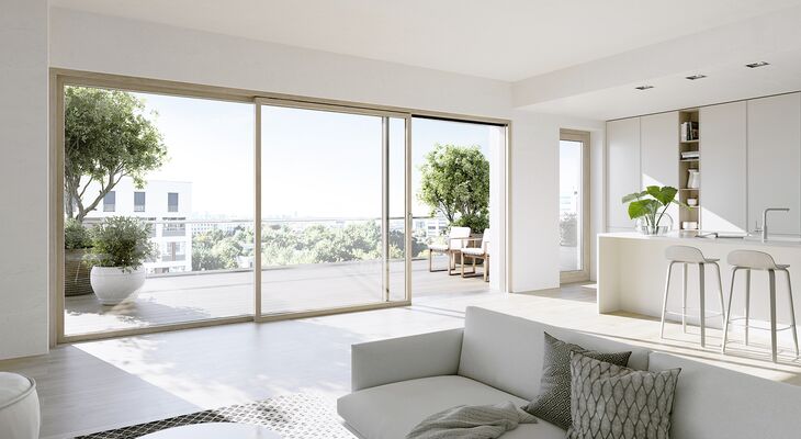 Blick auf Terrasse aus modernen hellem Wohnraum mit UNILUX Hebe-Schiebe-Element Interieur slim