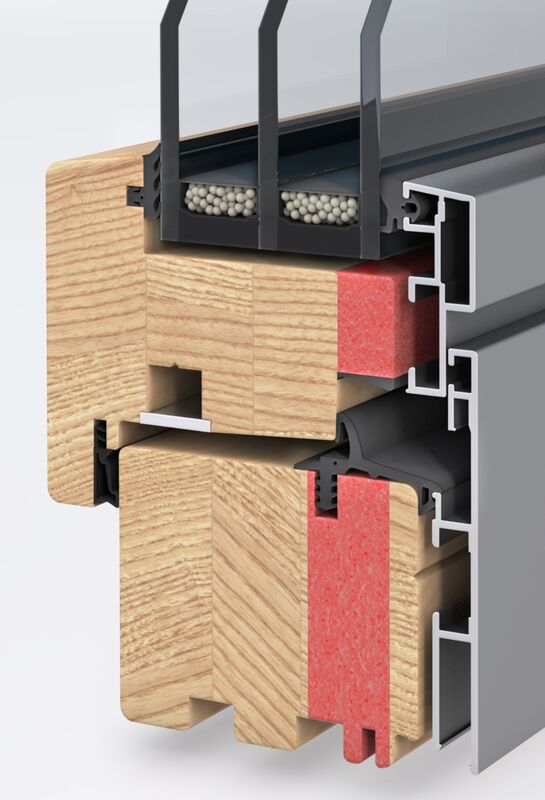 3D-Querschnitt Holz-Alu-Fensterprofil Dämmkern DesignLine07