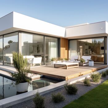 Moderner Bungalow mit Sonnenterrasse, Pool und großformatigen UNILUX PureLine Integralfenstern