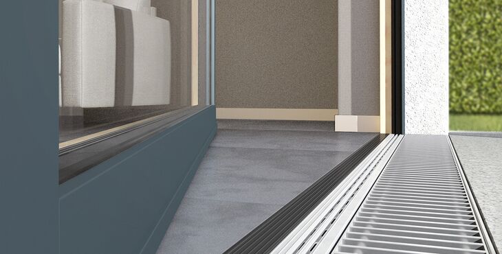 Detailansicht UNILUX Holz-Alu-Tür mit barrierefreier Nullschwelle