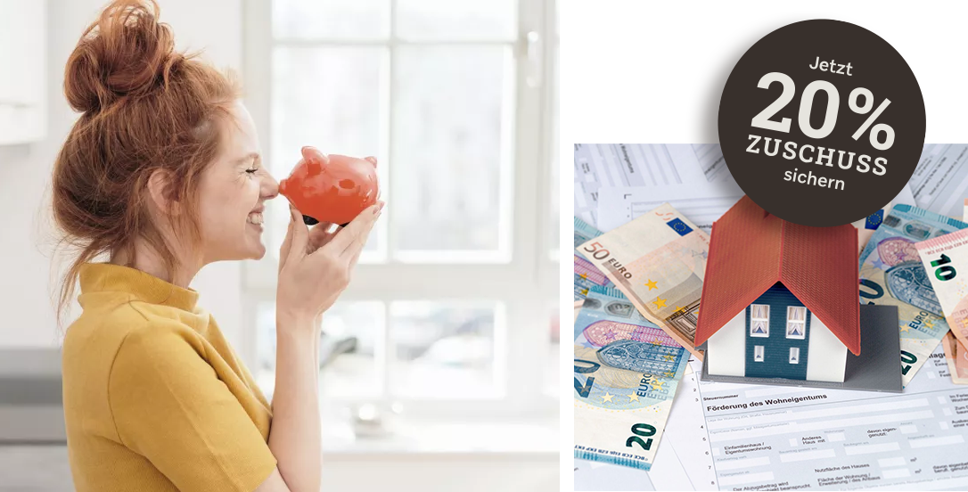 Glückliche junge Frau drückt Nase an Sparschwein Jetzt 20% Zuschuss sichern