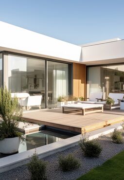 Moderner Bungalow mit Sonnenterrasse, Pool und großformatigen UNILUX PureLine Integralfenstern