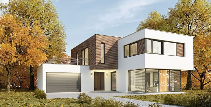 Modernes Wohnhaus im Bauhausstil mit großforamtigen UNILUX PureLine Integralfenstern
