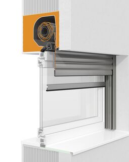 3D-Querschnitt eines Neubau-Rolladenkastens mit Insektenschutz