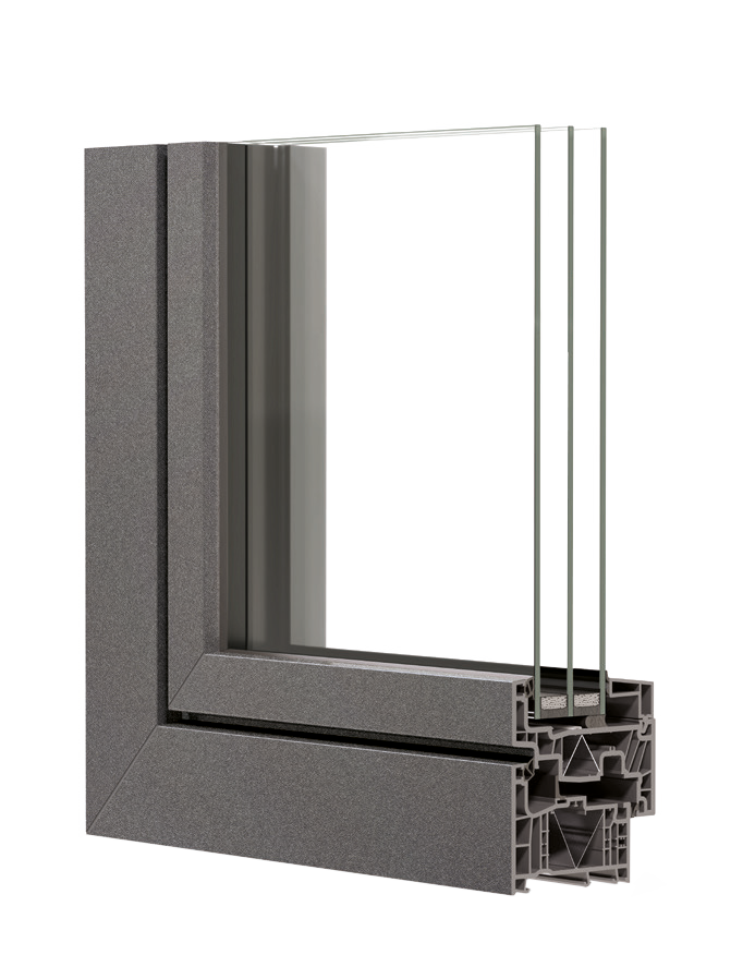 Ecke eines Fensters im schlanken Design mit flächenbündigem Rahmen in Anthrazit-grau