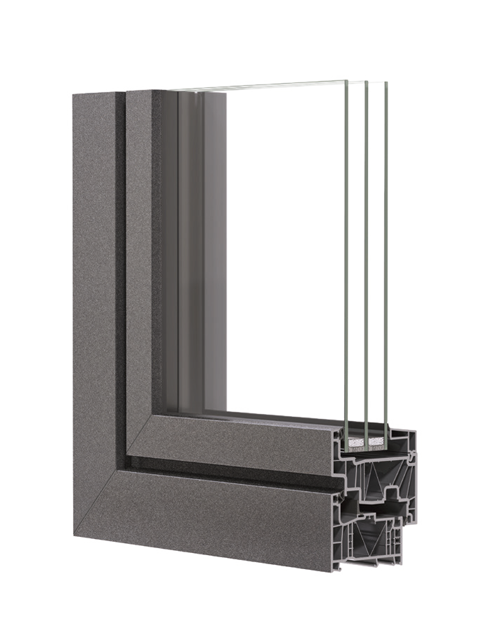 Ecke eines Cubrio-Fensters mit flächenbündigem Rahmen in Anthrazit-grau