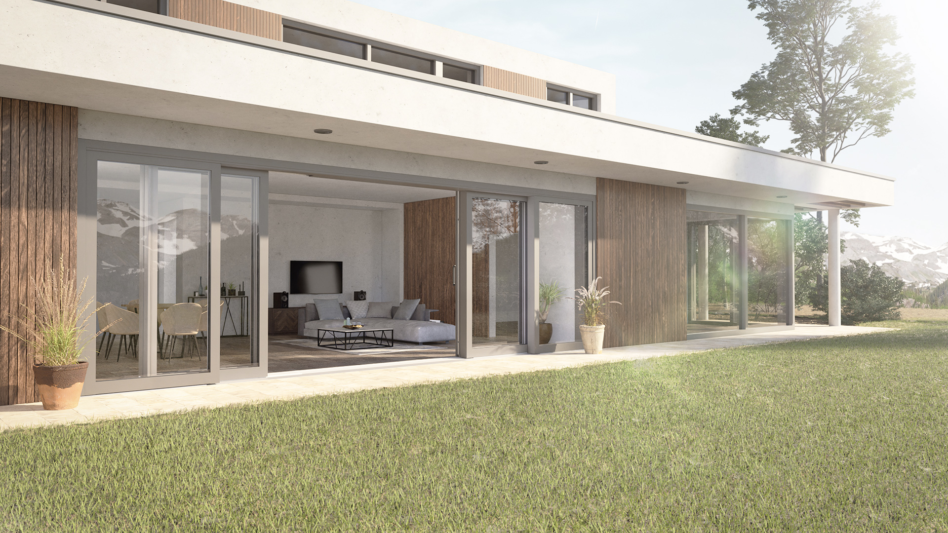 Blick auf modernen Bungalow mit großer UNILUX Holz-Alu Hebe-Schiebe Anlage